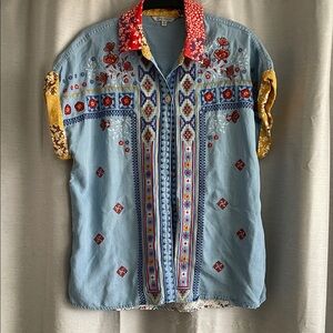 John Mark Blue and Yellow Patterned Blouse